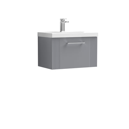 Nuie Deco 600mm Satin Grey Wall Hung Single Drawer Vanity Unit With White Ceramic Basin & Chrome Handle