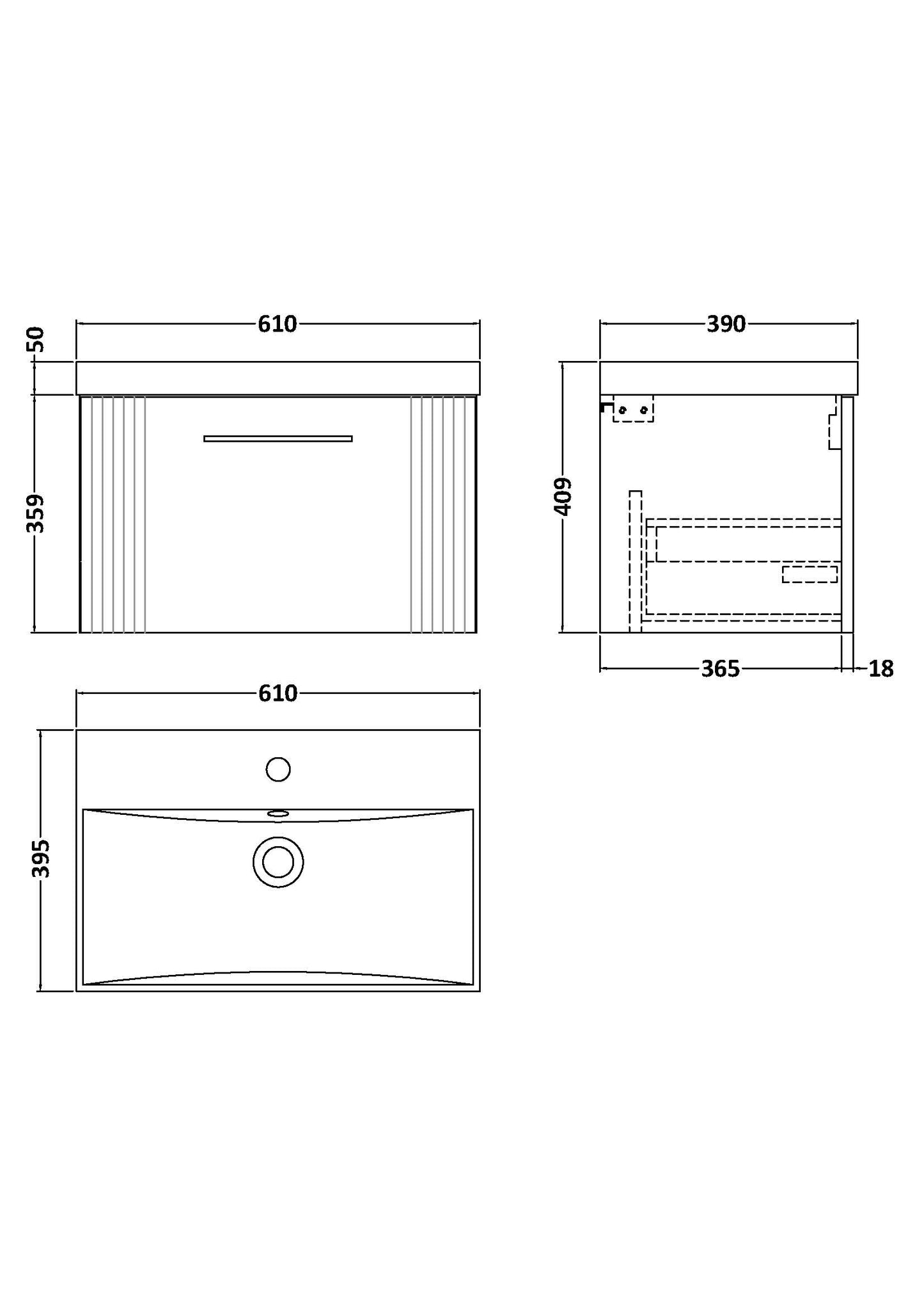 Nuie Deco 600mm Satin Grey Wall Hung Single Drawer Vanity Unit With White Ceramic Basin & Chrome Handle