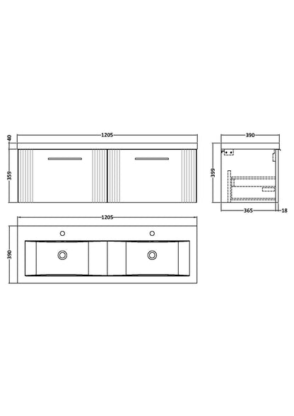 Nuie Deco 1200mm Wall Hung 2-Drawer Vanity & Double Basin With Handles