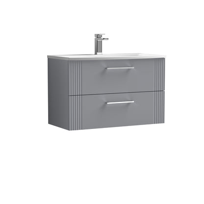 Nuie 800mm Wall Hung Satin Grey Part Fluted 2-Drawer Vanity Unit with Curved Basin with Chrome Handles