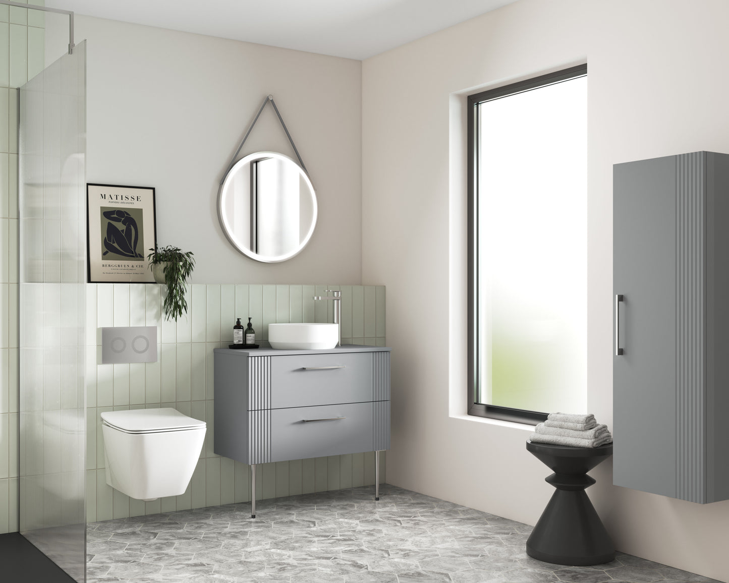 Nuie Deco 800mm Satin Grey Wall Hung 2-Drawer Vanity Unit & Worktop With Chrome Handles