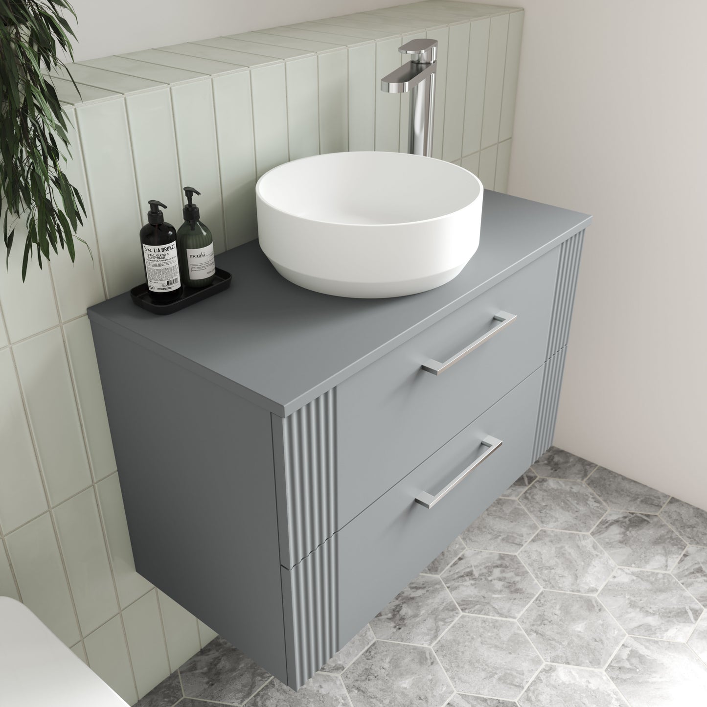Nuie Deco 800mm Satin Grey Wall Hung Single Drawer Vanity & Worktop With Chrome Handles