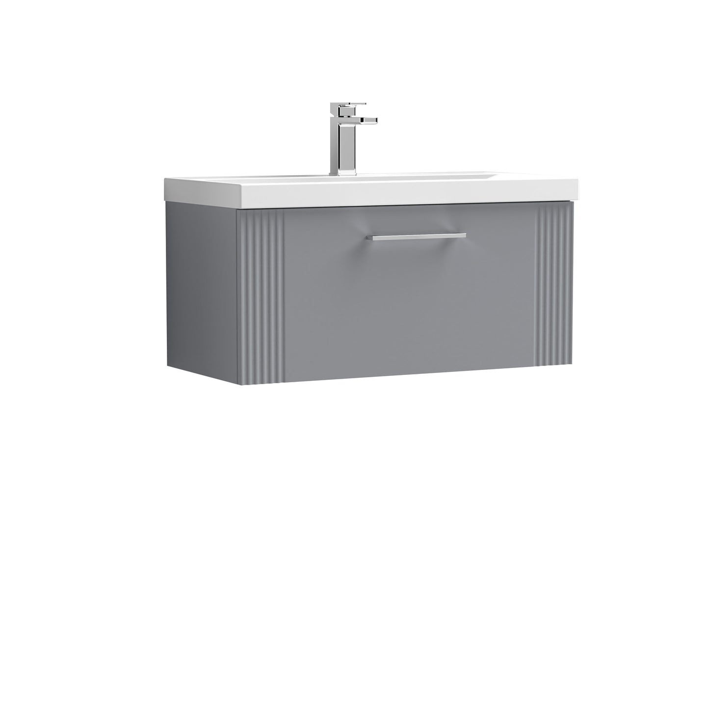 Nuie Deco 800mm Satin Grey Wall Hung Single Drawer Vanity Unit & Mid-Edge Basin With Chrome Handle