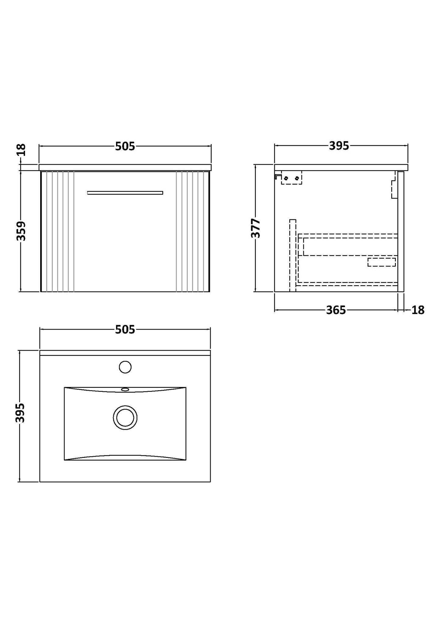 Nuie Deco 500mm Satin Blue Part Fluted Wall Hung Single Drawer Vanity Unit With Basin