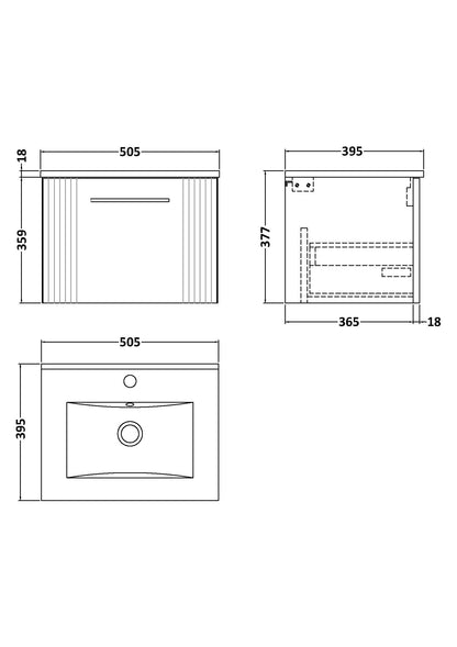 Nuie Deco 500mm Satin Blue Part Fluted Wall Hung Single Drawer Vanity Unit With Basin