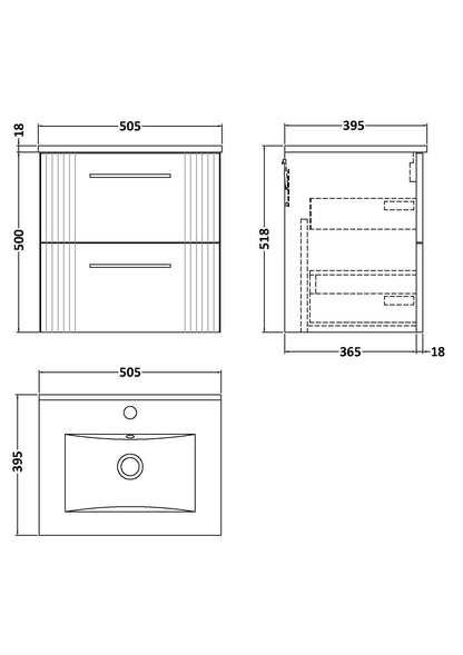 Nuie Deco 500mm Satin Blue Wall Hung 2-Drawer Vanity Unit with Basin and Chrome Handles