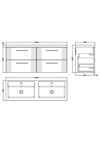 Nuie Deco 1200mm Wall Hung 4-Drawer Double Basin Vanity Unit With Handles
