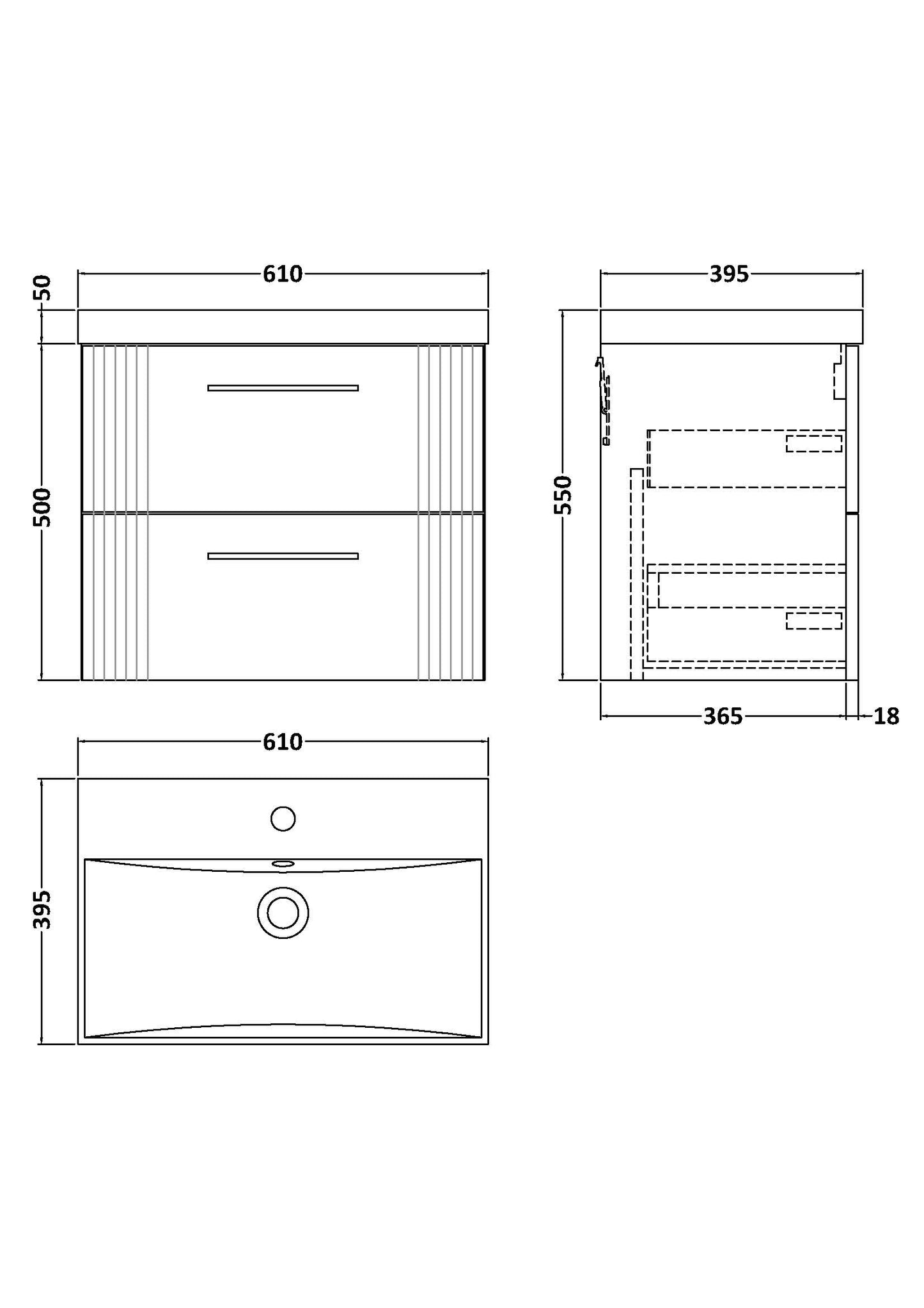 Nuie 600mm Satin Blue Wall Hung 2-Drawer Vanity Unit With Thin-Edge Basin & Chrome Handles