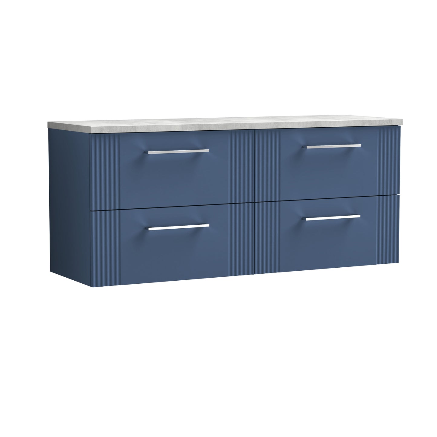 Nuie 1215mm Satin Blue Fluted Wall Hung 4-Drawer Vanity Unit With Laminate Worktop & Handles