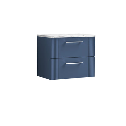 Nuie 600mm Satin Blue Part Fluted Wall Hung 2-Drawer Vanity With Laminate Worktop