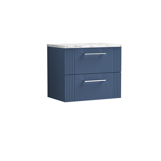 Nuie 600mm Satin Blue Part Fluted Wall Hung 2-Drawer Vanity With Laminate Worktop
