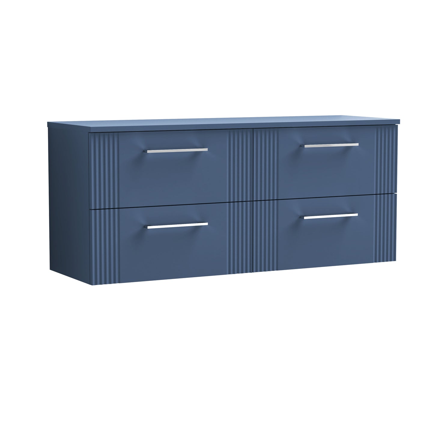 Nuie 1200mm Satin Blue Part Fluted Wall Hung 4-Drawer Vanity Unit & Worktop With Chrome Handles