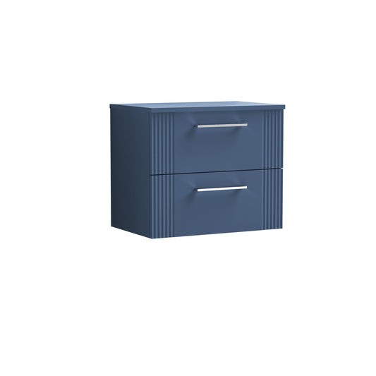 Nuie 600mm Deco Satin Blue Wall Hung 2-Drawer Vanity & Worktop With Chrome Handles