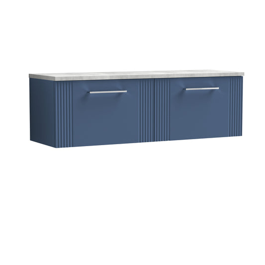 Nuie 1200mm Satin Blue Part Fluted Wall Hung 2-Drawer Vanity Unit with Laminate Worktop