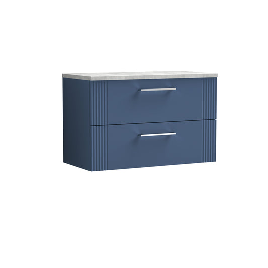 Nuie 800mm Satin Blue Part Fluted Wall Hung 2-Drawer Vanity Unit & Laminate Top With Chrome Handles