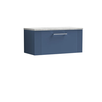 Nuie 800mm Satin Blue Part Fluted Wall Hung Single Drawer Vanity Unit With Chrome Handles & Laminate Top
