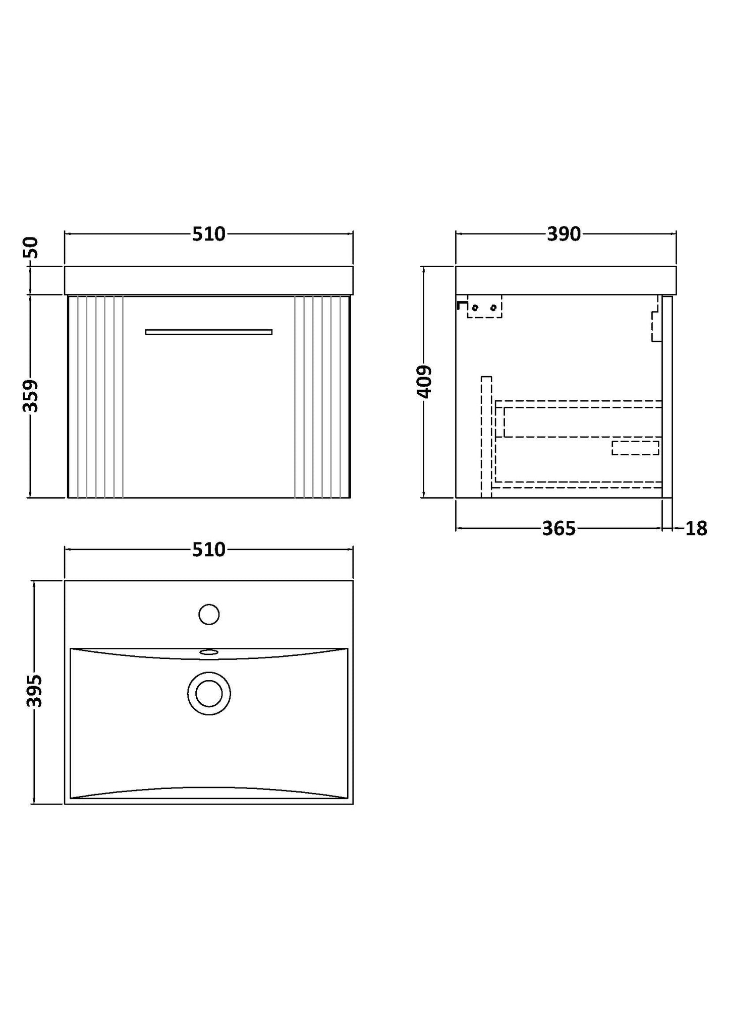 Nuie 500mm Satin Green Part Fluted Wall Hung Single Drawer Vanity Unit with Basin With Chrome Handle