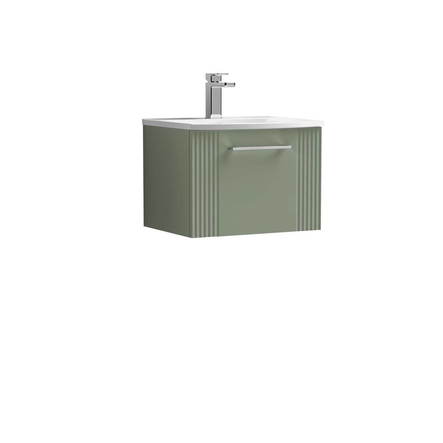 Nuie Deco 500mm Satin Green Wall Hung Single Drawer Vanity Unit with Curved Basin