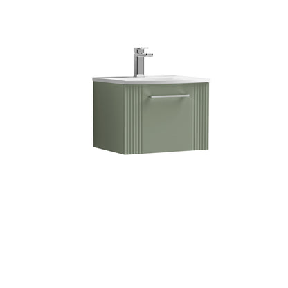 Nuie Deco 500mm Satin Green Wall Hung Single Drawer Vanity Unit with Curved Basin