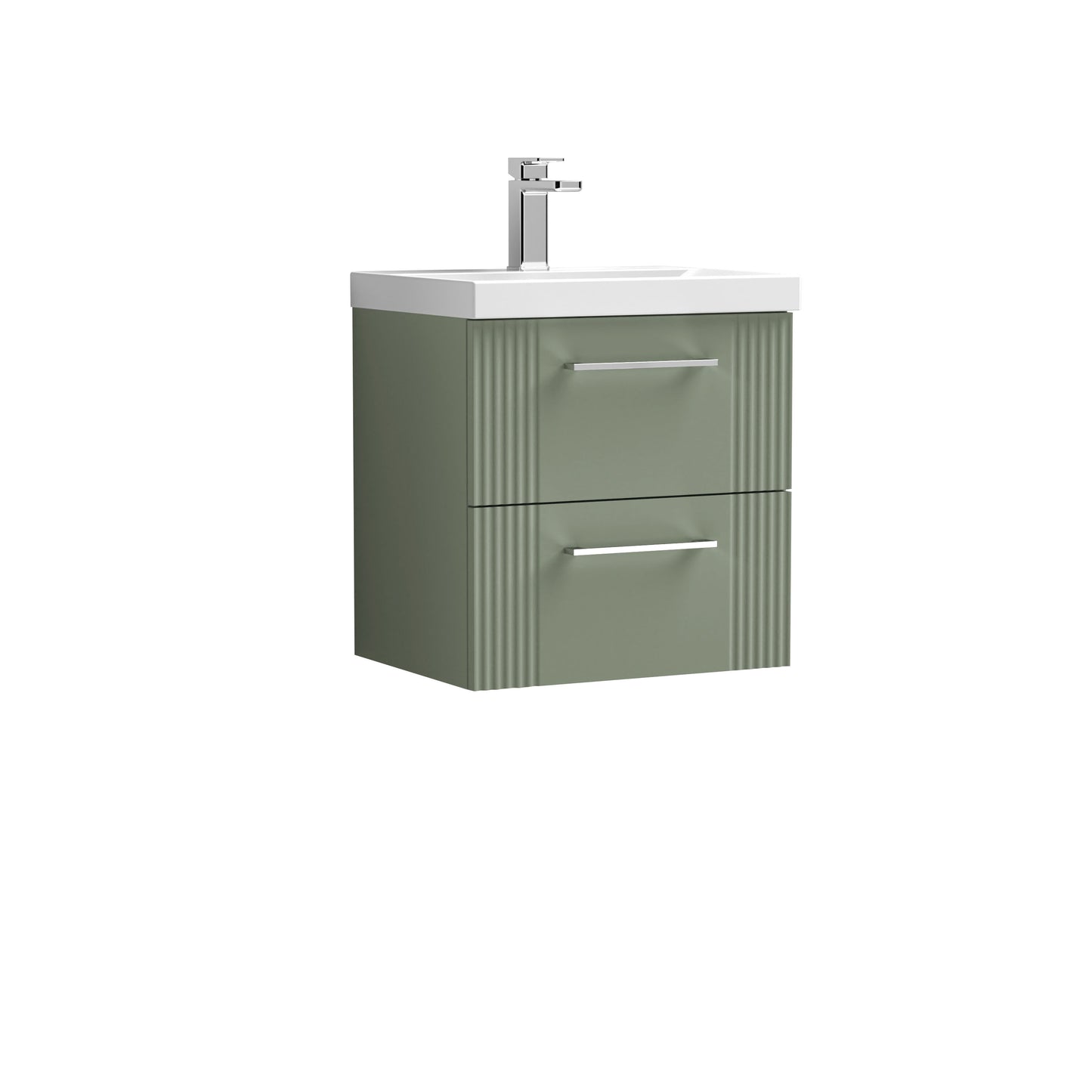 Nuie 500mm Satin Green Part Fluted Wall Hung 2-Drawer Vanity Unit with Thin-Edge Basin & Chrome Handles
