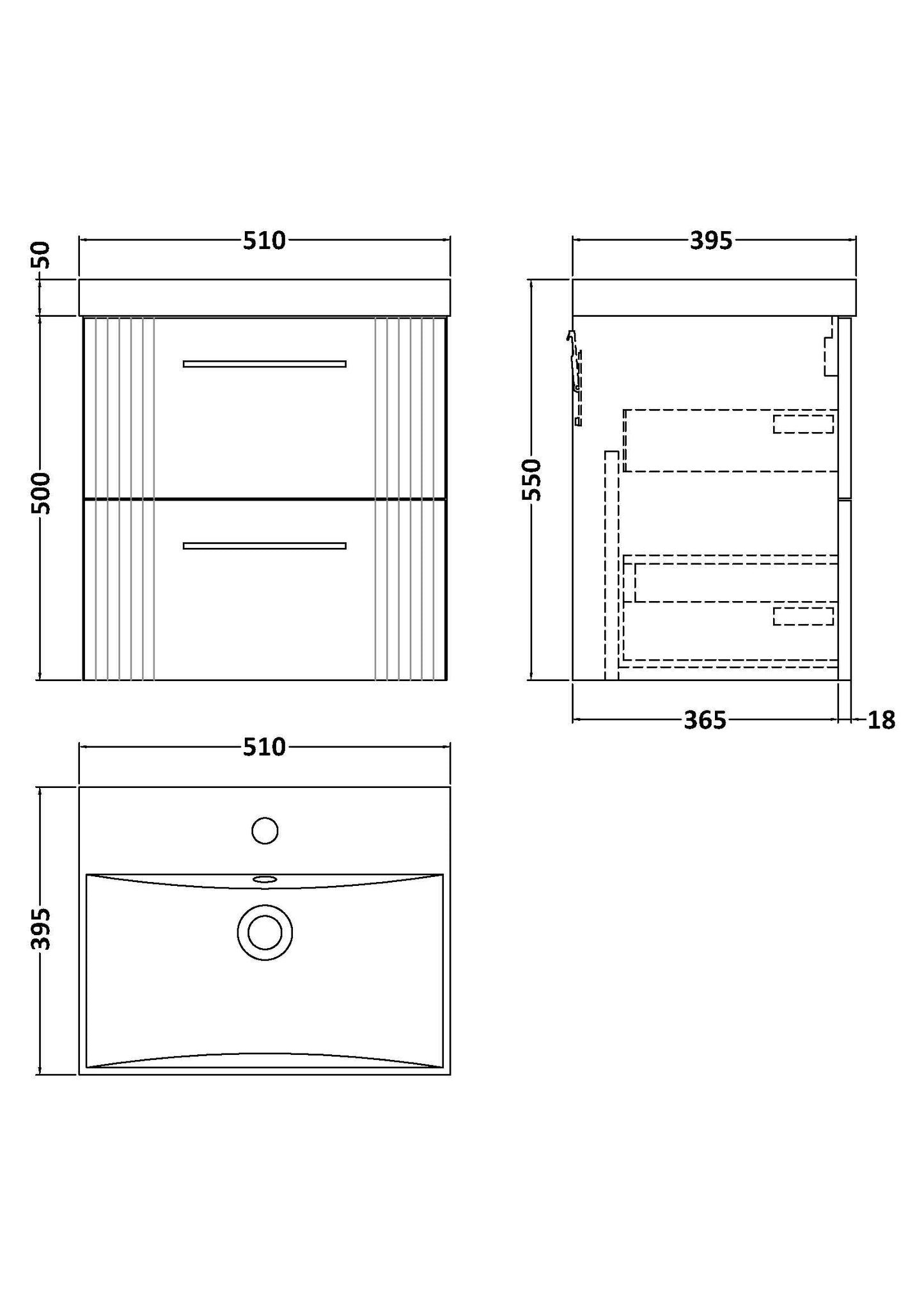 Nuie 500mm Satin Green Part Fluted Wall Hung 2-Drawer Vanity Unit with Thin-Edge Basin & Chrome Handles