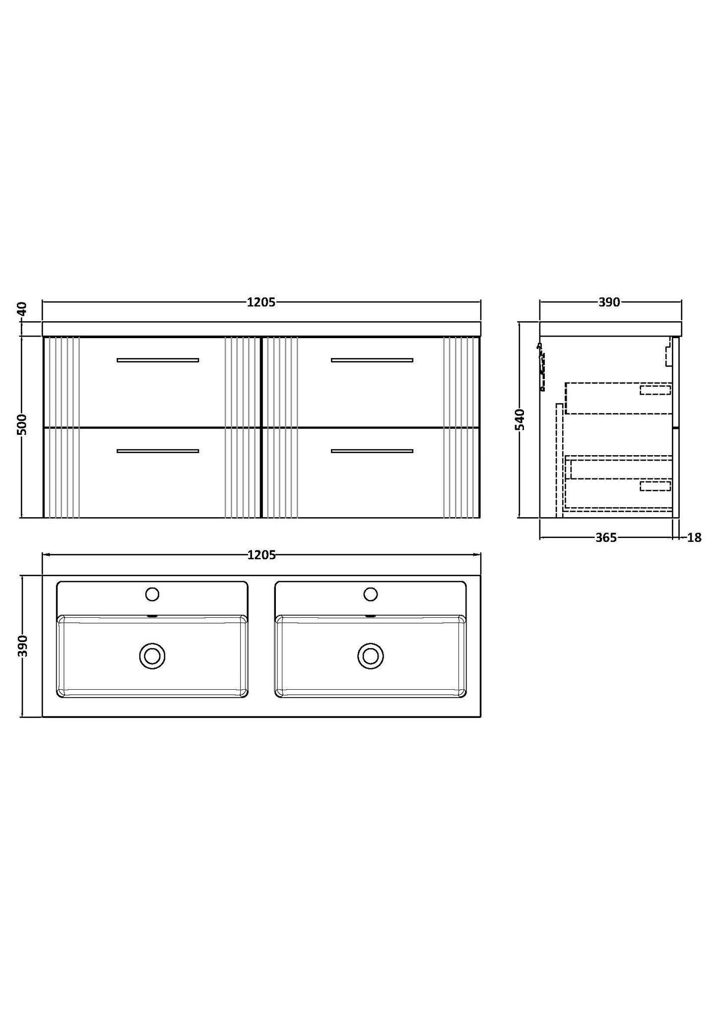 Nuie 1200mm Satin Green Wall Hung 4-Drawer Vanity Unit & Double Basin with Chrome Handles