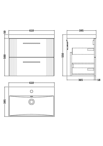 Nuie Deco 600mm Satin Green Wall Hung 2-Drawer Vanity Unit with Thin-Edge Basin & Chrome Handles