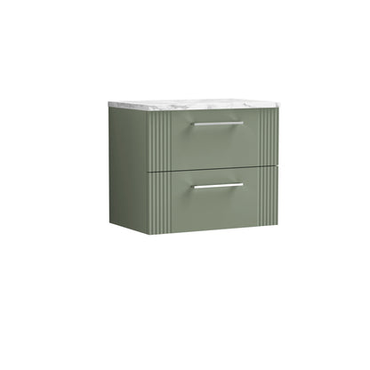 Nuie 600mm Part Fluted Satin Green Wall Hung 2-Drawer Vanity Unit With Laminate Worktop