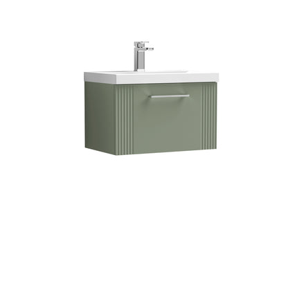 Nuie Deco 600mm Satin Green Part Fluted Wall Hung Vanity Unit & Basin With Chrome Handle