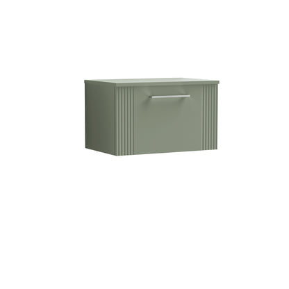 Nuie 600mm Satin Green Wall Hung Single Drawer Vanity Unit With Worktop & Chrome Handles