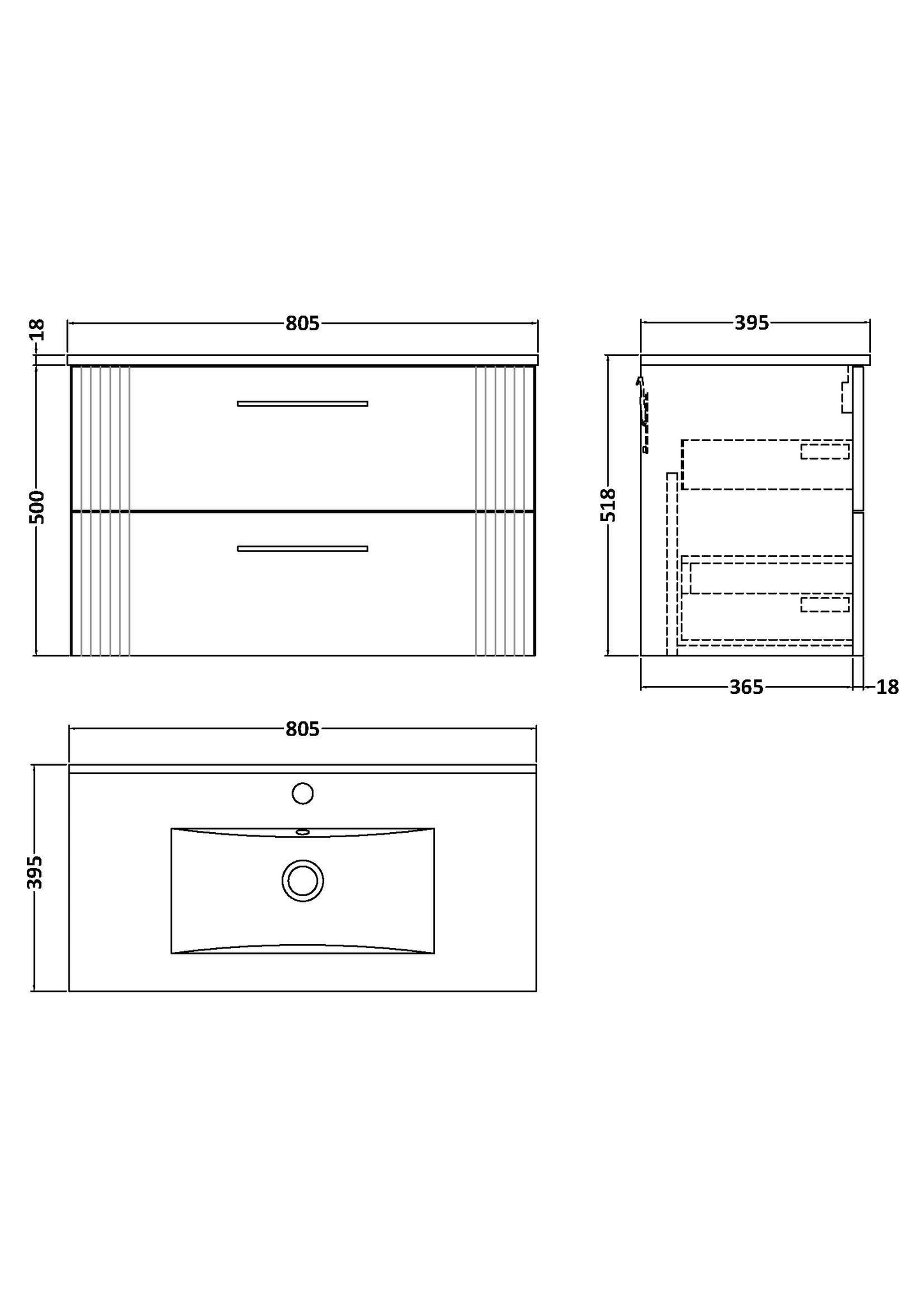 Nuie Deco 800mm Wall Hung 2-Drawer Vanity Unit With Chrome Handles