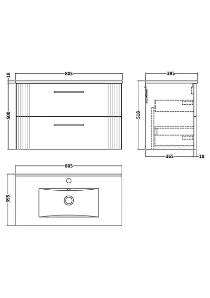 Nuie Deco 800mm Wall Hung 2-Drawer Vanity Unit With Chrome Handles