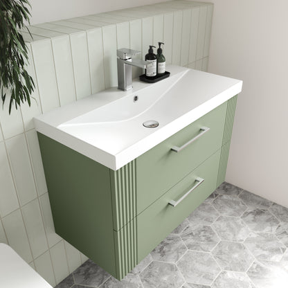 Nuie Deco 600mm Satin Green Wall Hung 2-Drawer Vanity Unit with Thin-Edge Basin & Chrome Handles