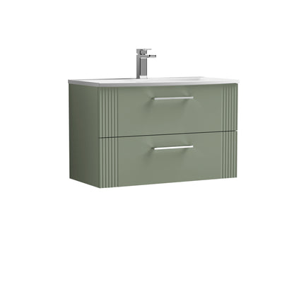 Nuie 800mm Satin Green Part Fluted Wall Hung 2-Drawer Vanity Unit with Basin & Chrome Handles