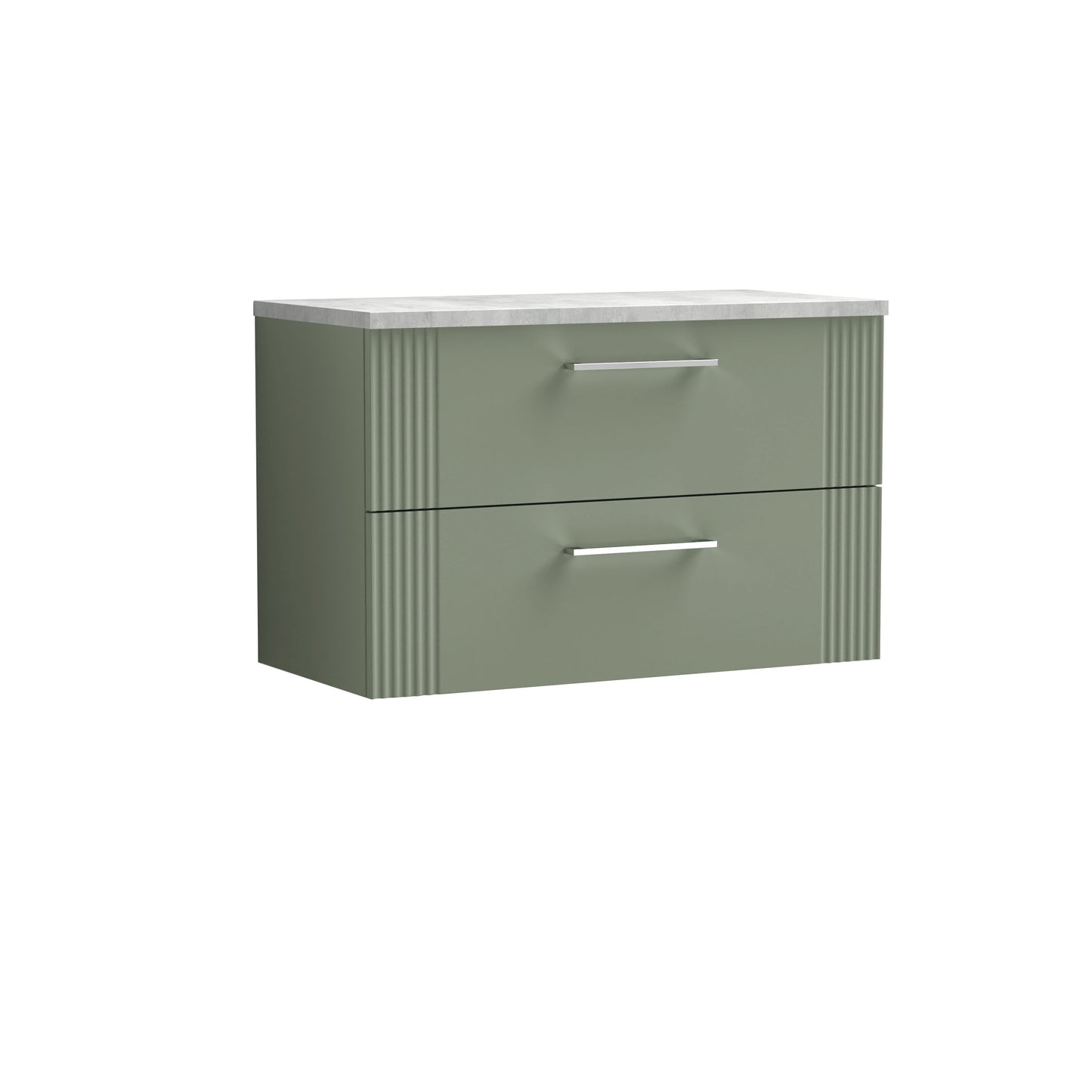 Nuie 800mm Satin Green Art Deco Wall Hung 2-Drawer Vanity With Laminate Top & Chrome Handles