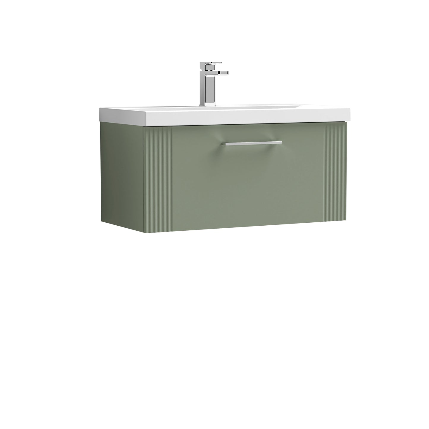 Nuie 800mm Satin Green Part Fluted Wall Hung Single Drawer Vanity Unit with Basin With Chrome Handle