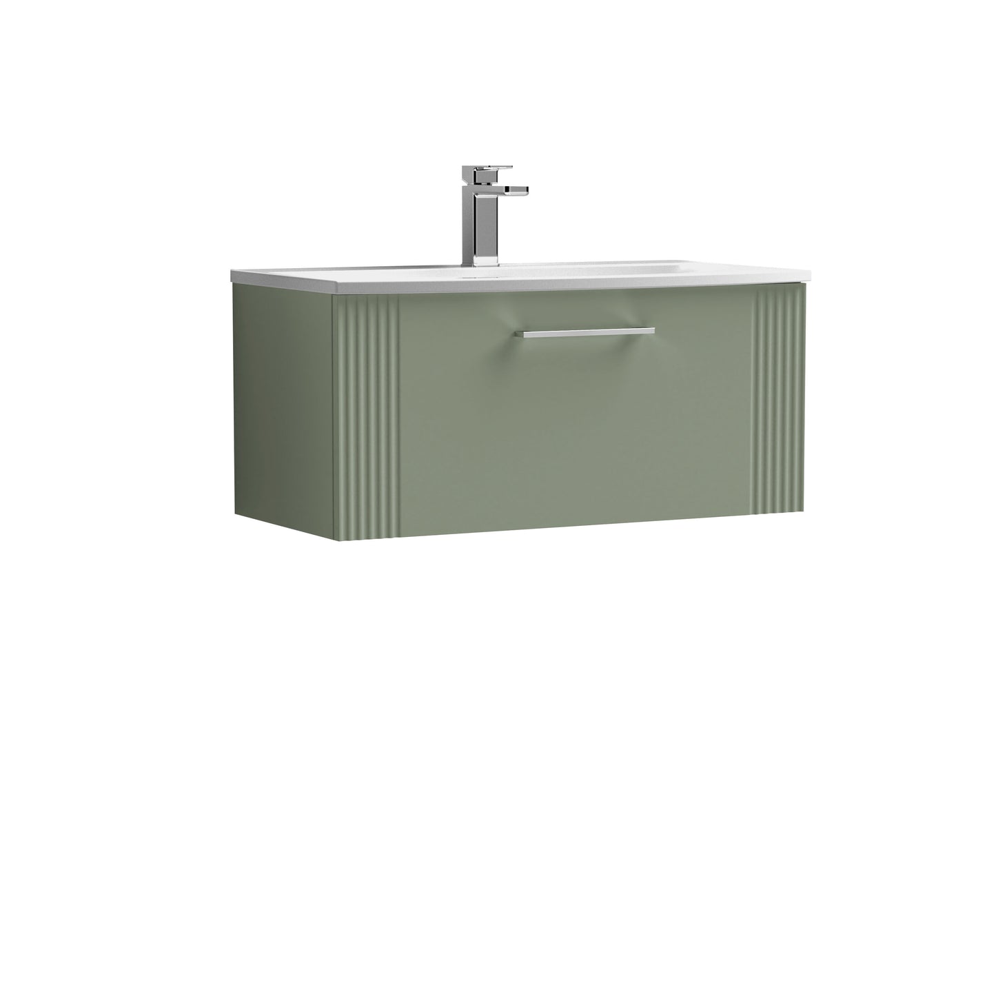Nuie Deco 800mm Satin Green Wall Hung Single Drawer Vanity Unit with Curved Basin & Chrome Handles