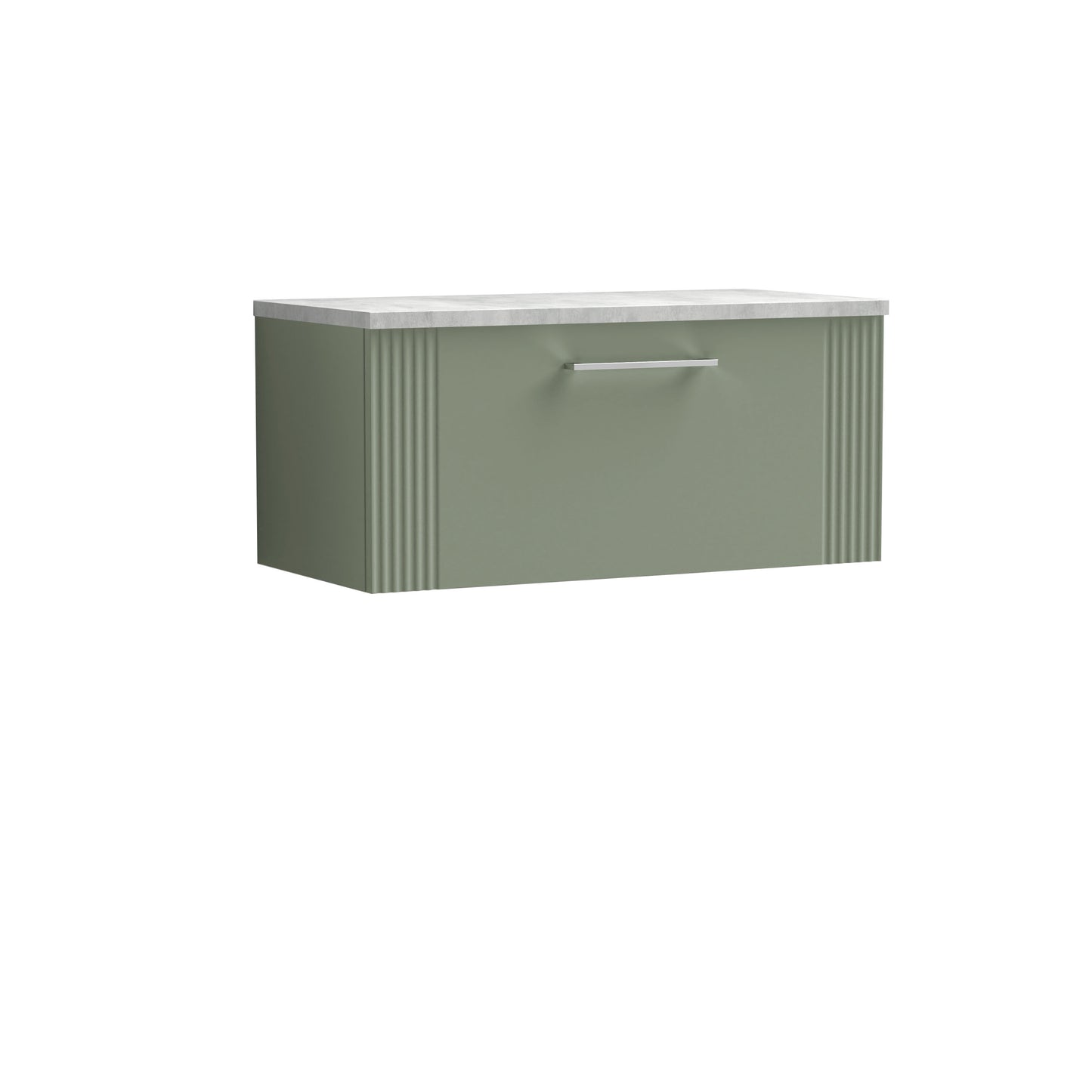 Nuie 800mm Satin Green Part Fluted Wall Hung Single Drawer Vanity With Laminate Top & Chrome D Shape Handles
