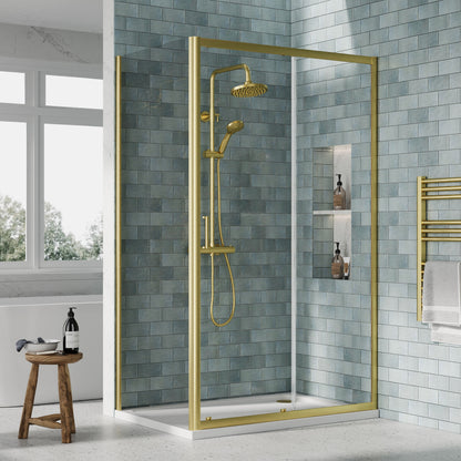 Nuie Rene 1190mm Framed Brushed Brass Sliding Door, Side Panel & Tray