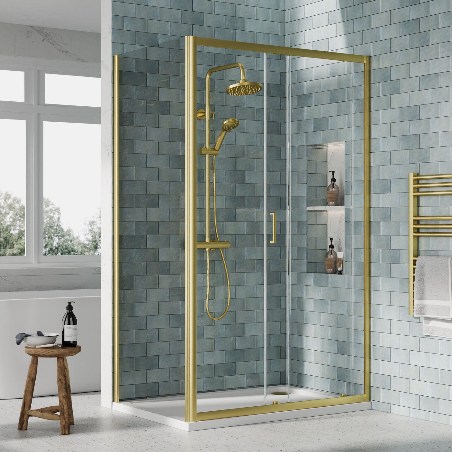 Nuie Rene 1190mm Framed Brushed Brass Sliding Door, Side Panel & Tray