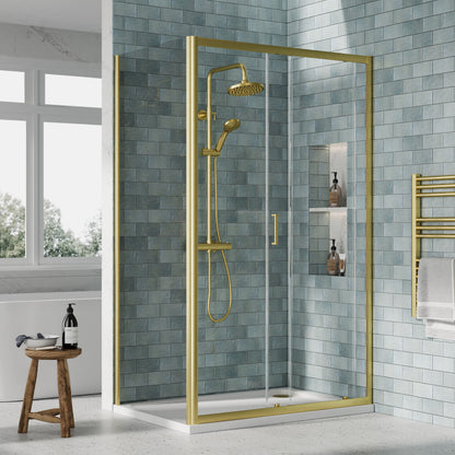 Nuie Rene 1190mm Framed Brushed Brass Sliding Door, Side Panel & Tray