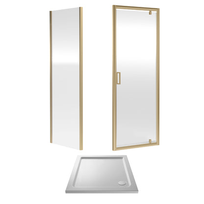 Nuie Rene 895mm Framed Brushed Brass Pivot Door, Side Panel & Tray