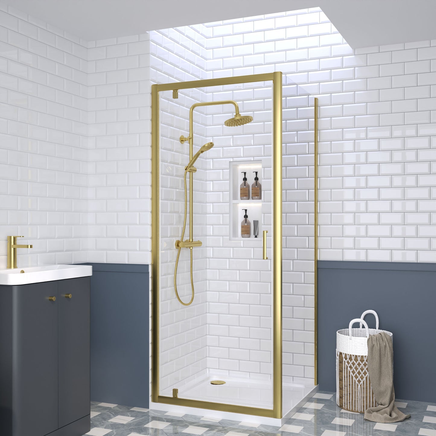 Nuie Rene 895mm Framed Brushed Brass Pivot Door, Side Panel & Tray