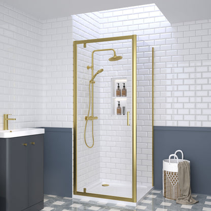 Nuie Rene 895mm Framed Brushed Brass Pivot Door, Side Panel & Tray