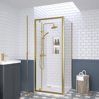 Nuie Rene 895mm Framed Brushed Brass Pivot Door, Side Panel & Tray