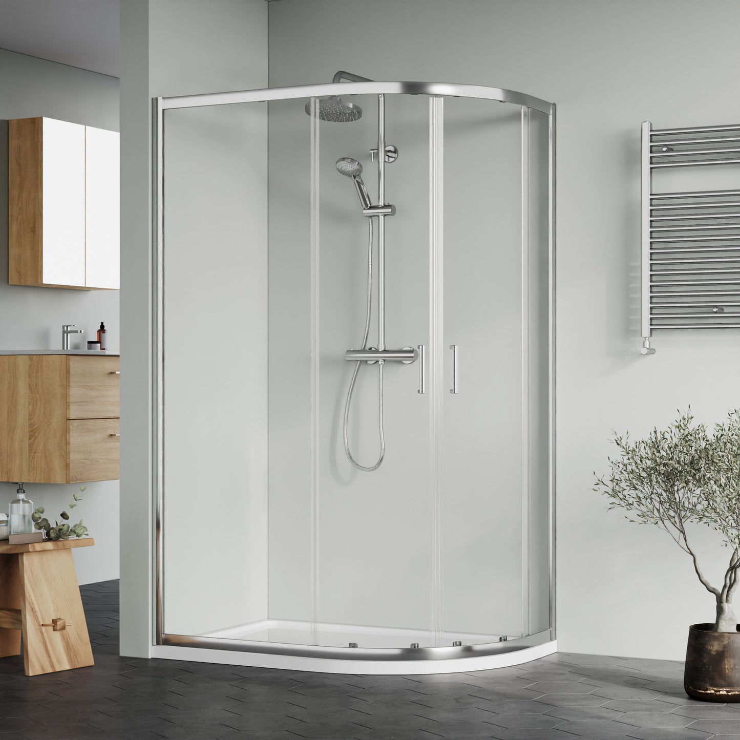 Nuie Rene 1180mm Framed Chrome Left Hand Offset Quadrant Shower Enclosure With Tray