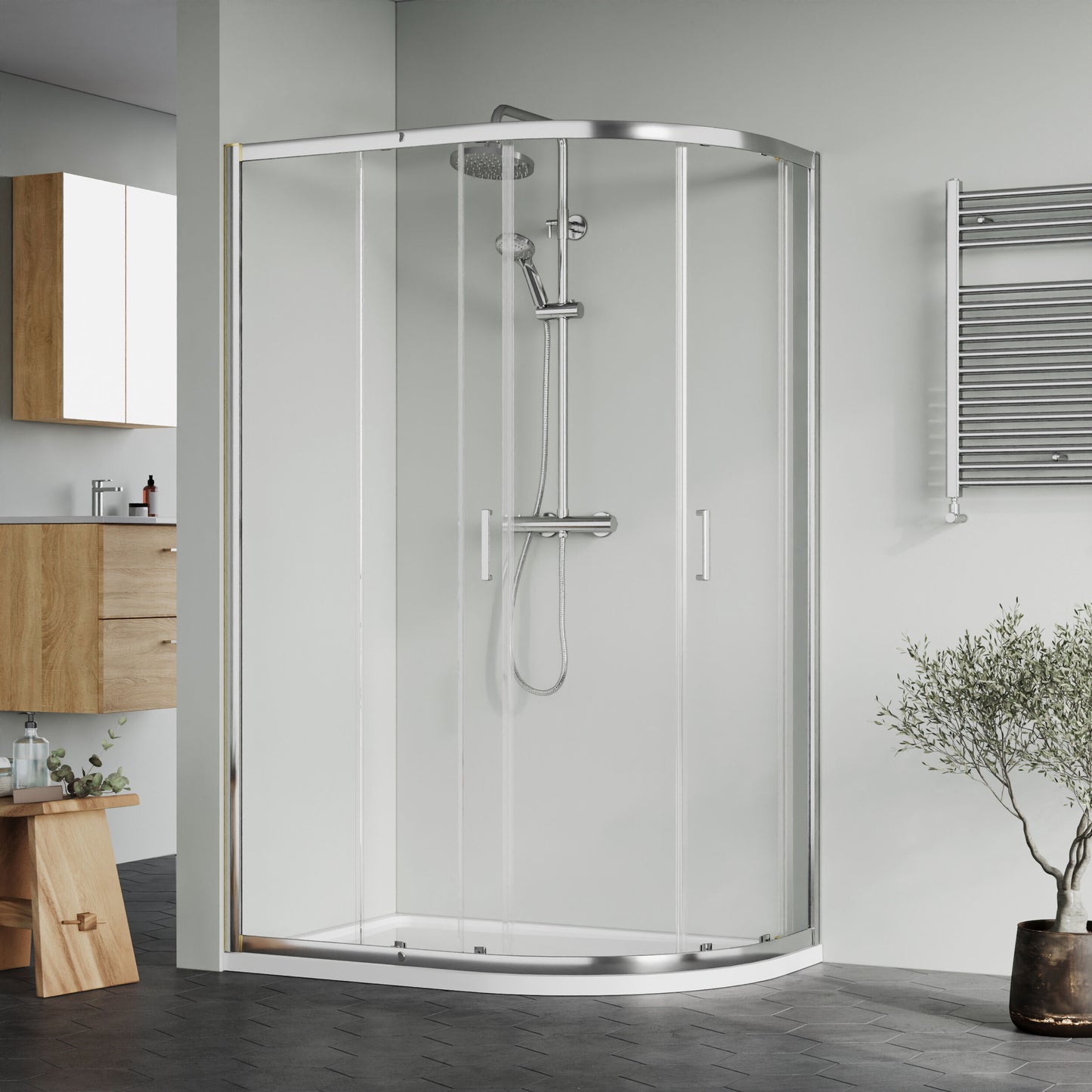 Nuie Rene 1180mm Framed Chrome Left Hand Offset Quadrant Shower Enclosure With Tray