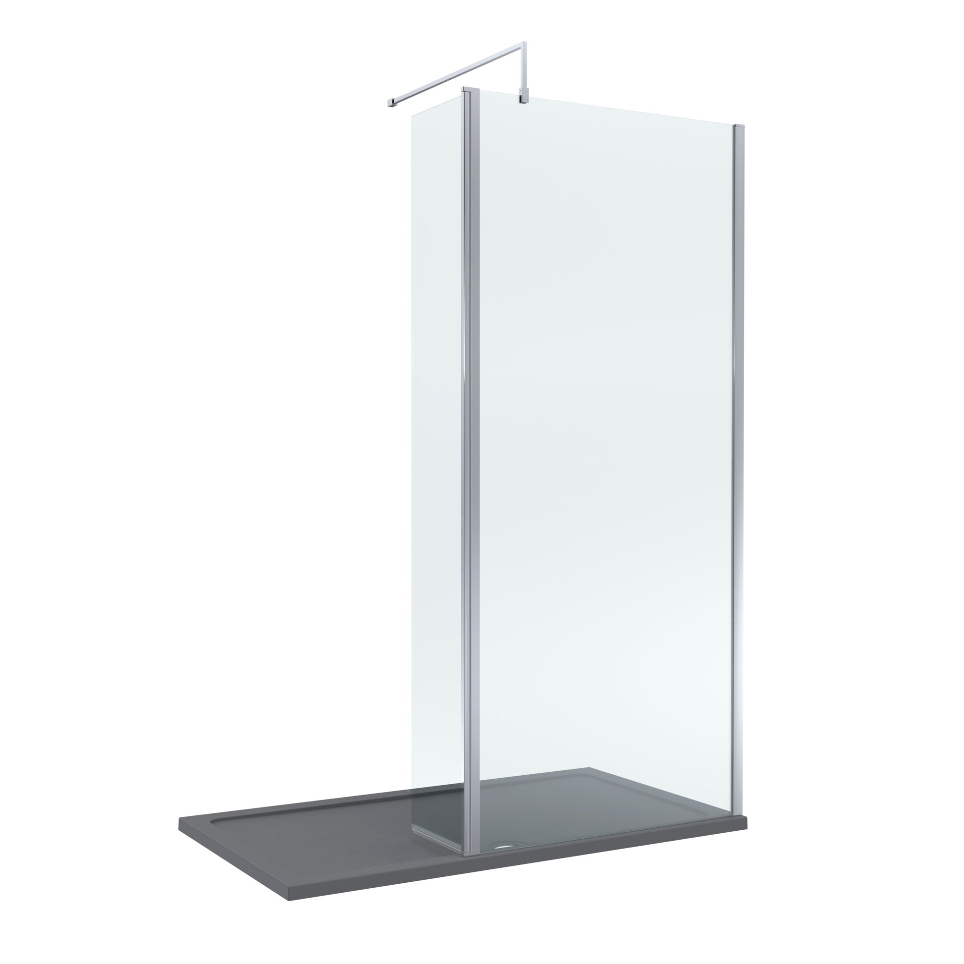 Contemporary 8mm Glass Walk In Wetroom Screen and Hinged Return Screen and Shower Tray - Choice of Size and Finish