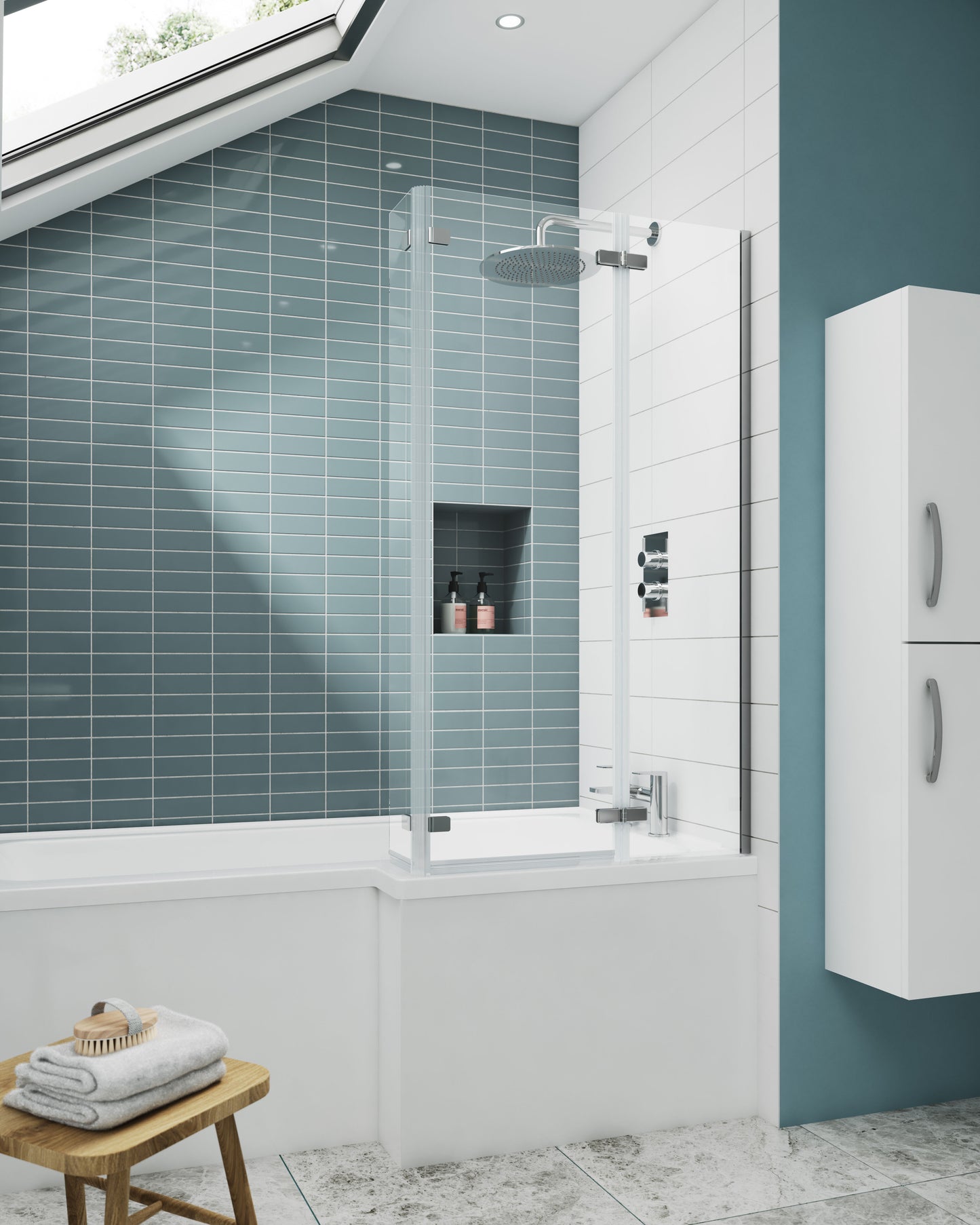 Nuie 760mm Framed Chrome L-Shaped Hinged Bath Screen