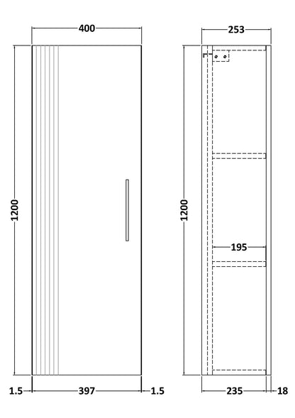 Nuie Deco 400mm 1 Door Satin White Wall Hung Tall Cabinet With Handles
